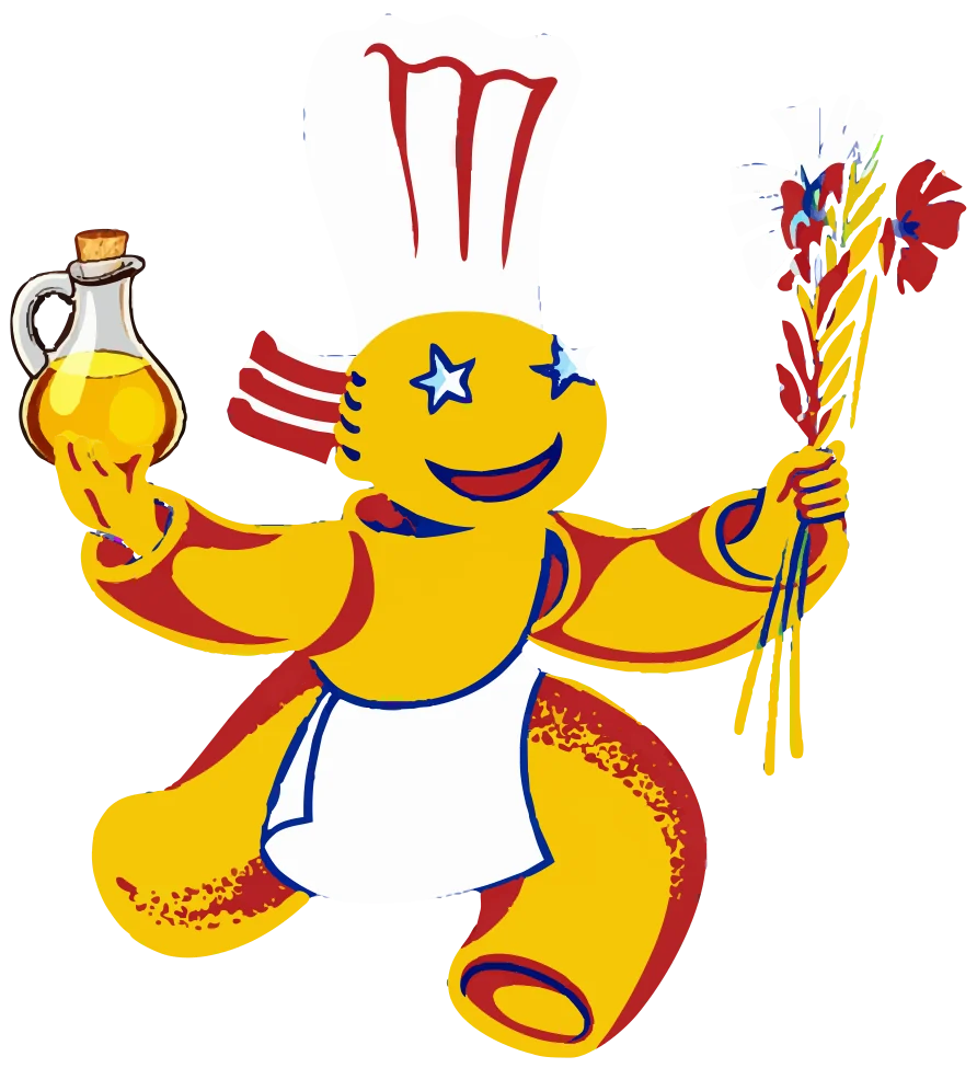 Le bonhom d’aujourd’hui, personnage en toque de chef tenant une huilière et un bouquet de fleurs et d’épis de blé