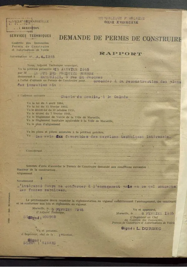 Rapport des Services Techniques de la Ville de Marseille sur la demande de permis de construire, document d’archive